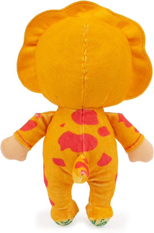 Plush toy with a yellow body and red spots on a white background