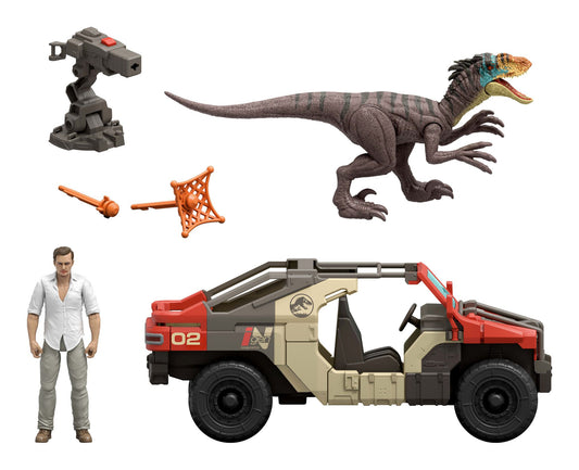 Toy vehicle, dinosaur, figure, and accessories on a white background