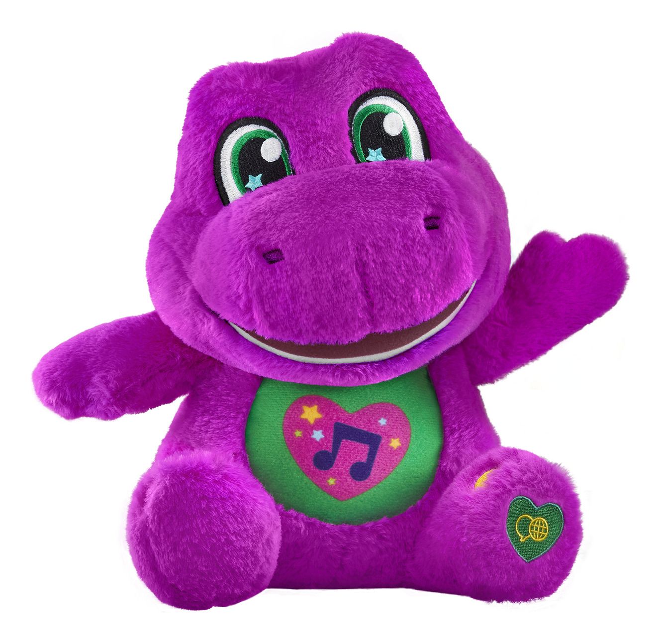 Purple plush toy with green heart and music notes on a white background