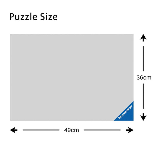 Diagram showing the size of a puzzle with dimensions 49cm x 36cm and Ravensburger logo.