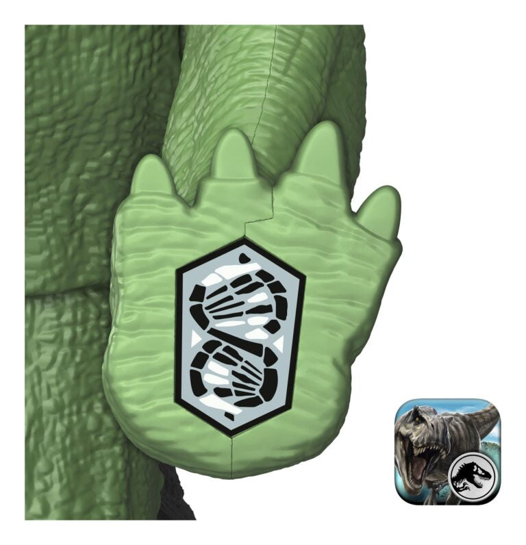 Green dinosaur costume glove with a logo on a white background