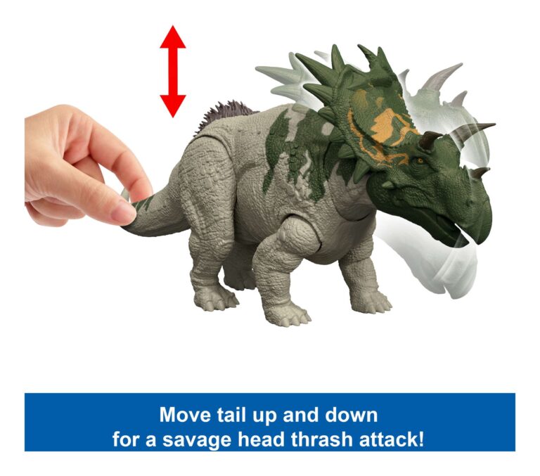 Toy dinosaur with a hand moving its tail, labeled for a 'savage head thrash attack' on a white background.