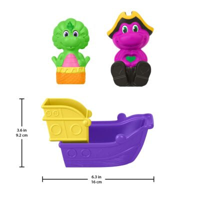 Set of colorful toys including a green dinosaur, purple pirate ship, and yellow boat with measurements on a white background.