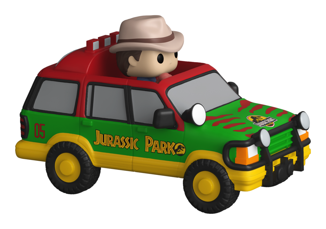 Toy car with 'Jurassic Park' branding and a figure wearing a hat on top.