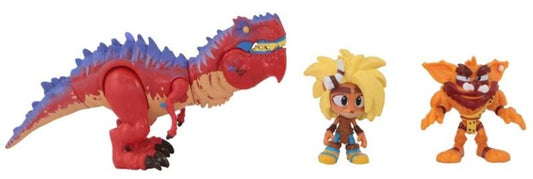 Toy dinosaur and two figures on a white background