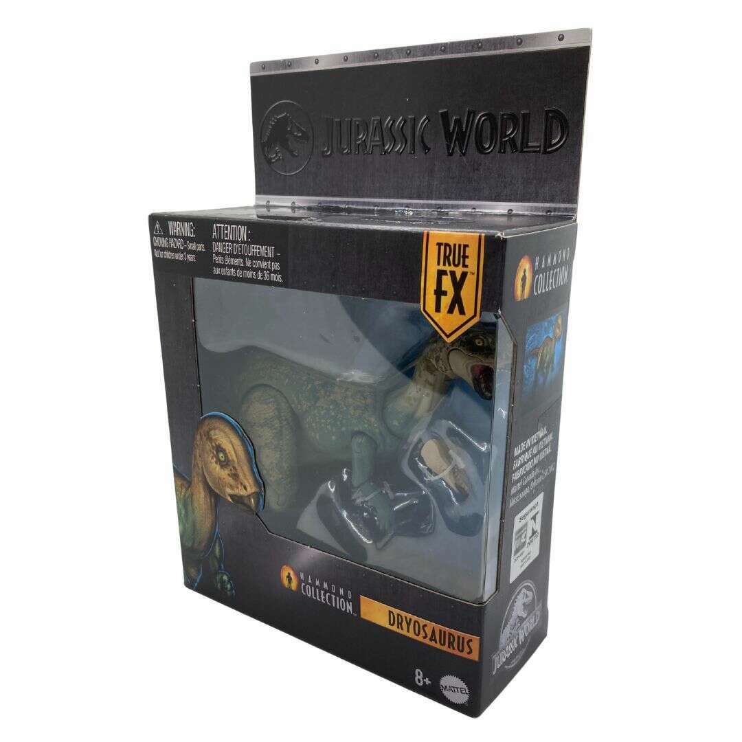 Packaged dinosaur toy with 'Jurassic World' branding on a white background