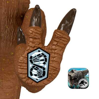 Brown dinosaur hand with claws and a logo on a white background