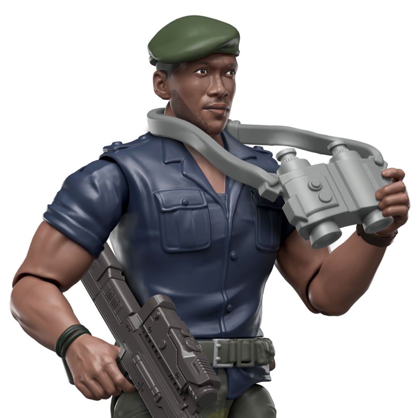 Figure of a character in military uniform holding a weapon on a white background