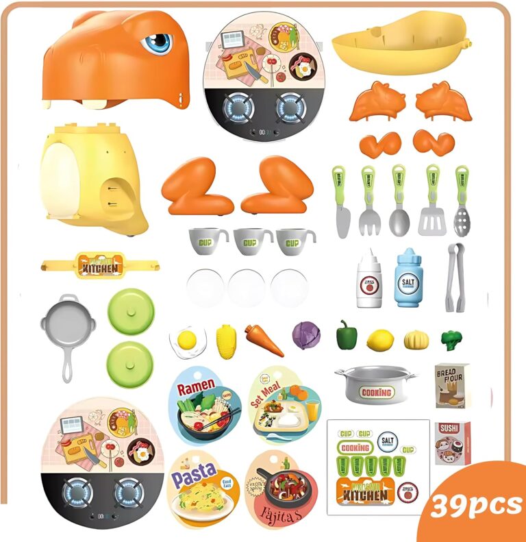 Set of toy kitchen items including a dinosaur-shaped oven, various food items, utensils, and cookware on a wooden board.