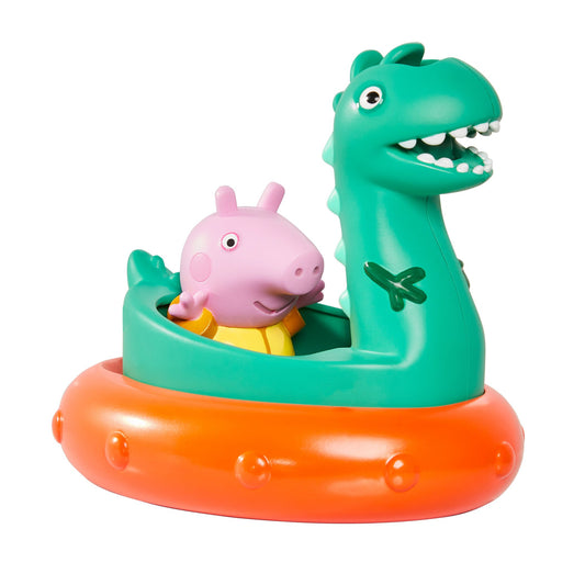 Toy dinosaur with a pink character inside an orange ring on a white background