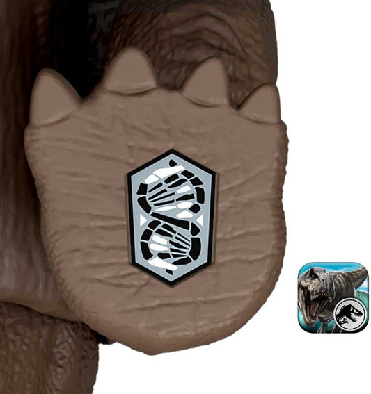 Jurassic Park logo on a dinosaur model with a close-up of the logo.