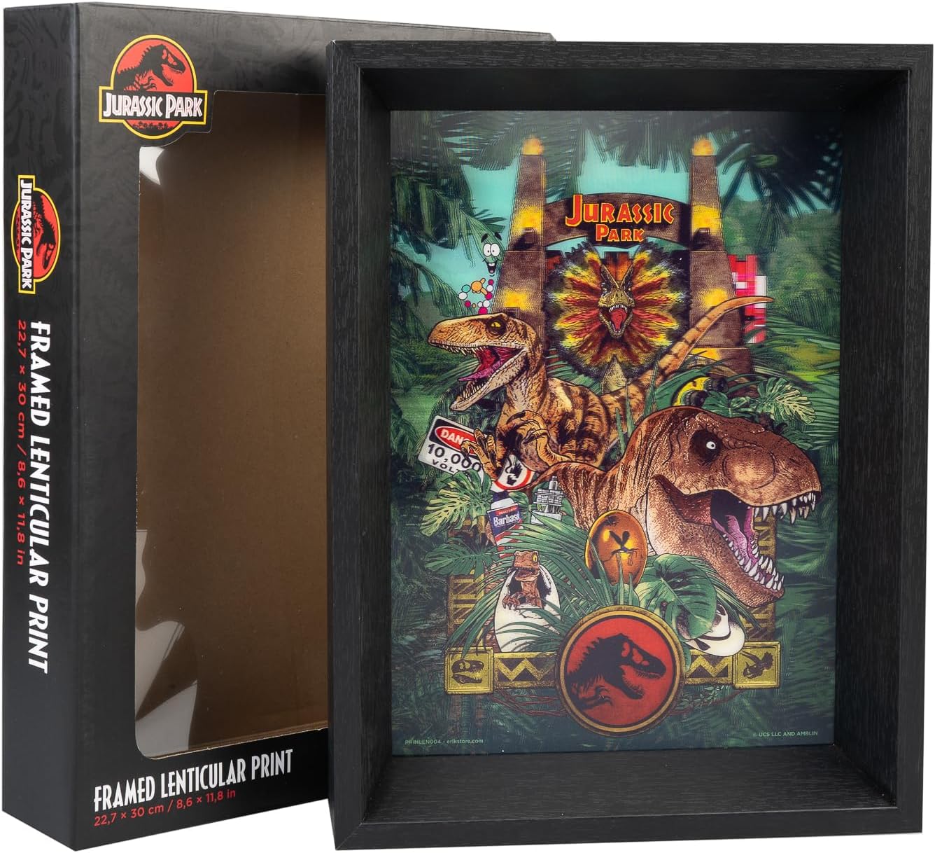 Framed lenticular print of a Jurassic Park scene with dinosaurs and a black frame.