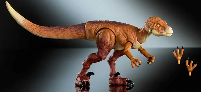 Dinosaur toy figure on a reflective surface with a dark background