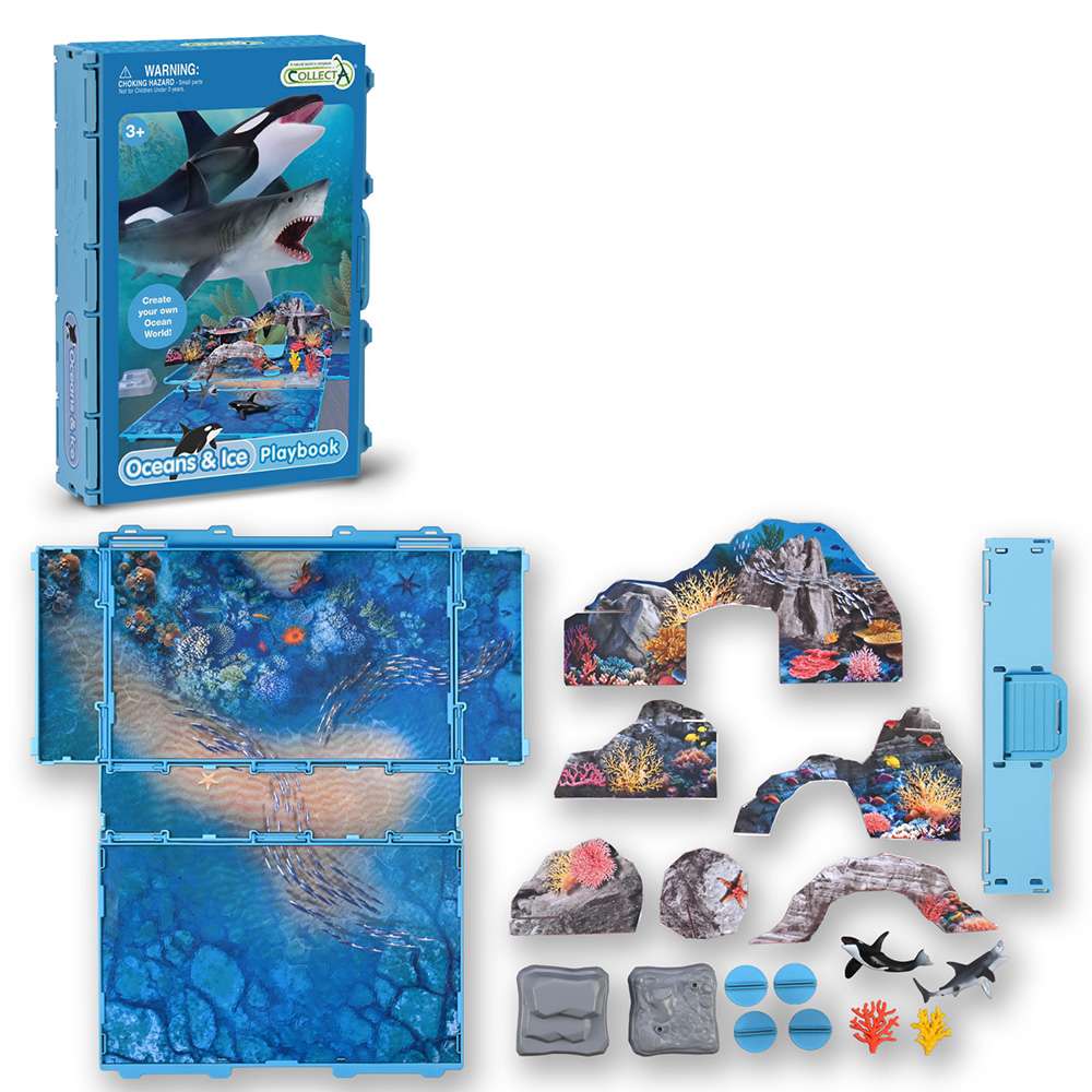 Children's playset with ocean-themed elements and packaging on a white background