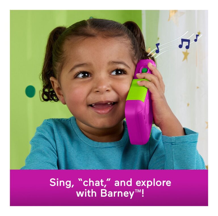 Child playing with a toy phone, with text promoting interaction with Barney.