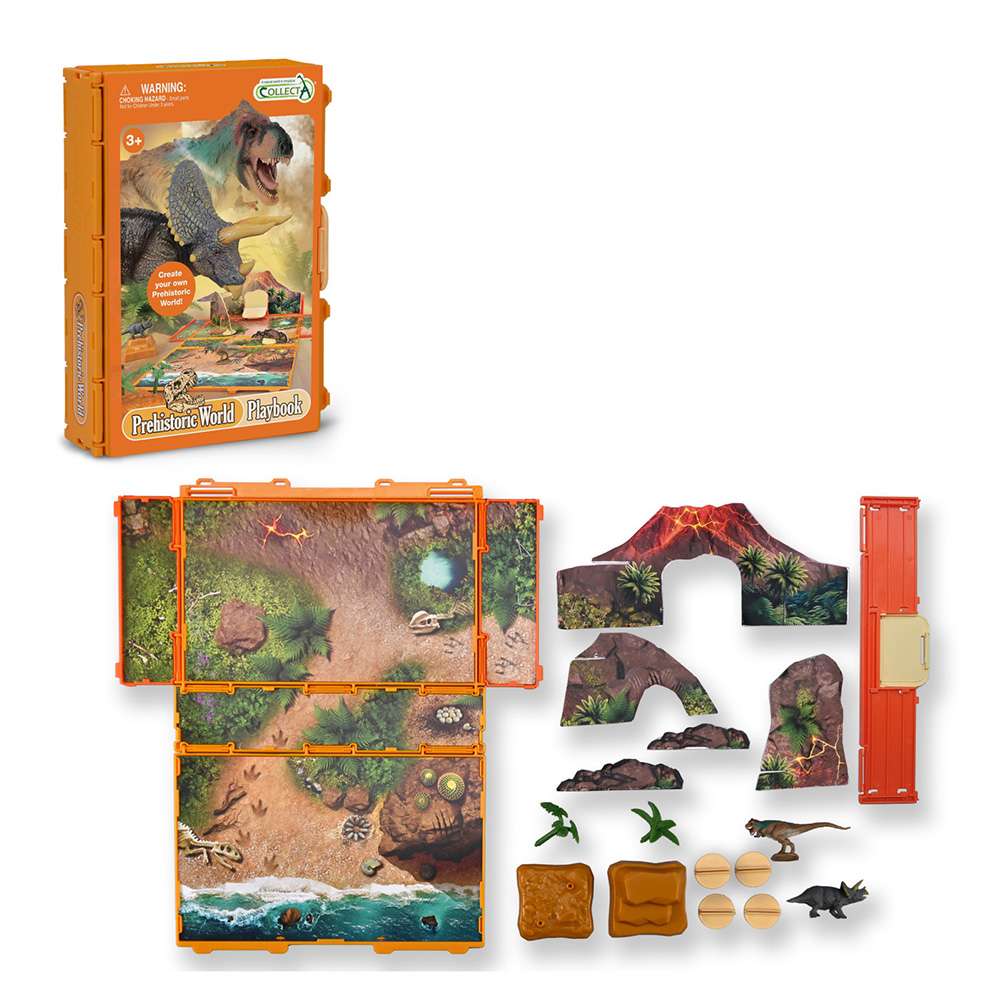 Prehistoric world playset with figures and terrain pieces on a white background