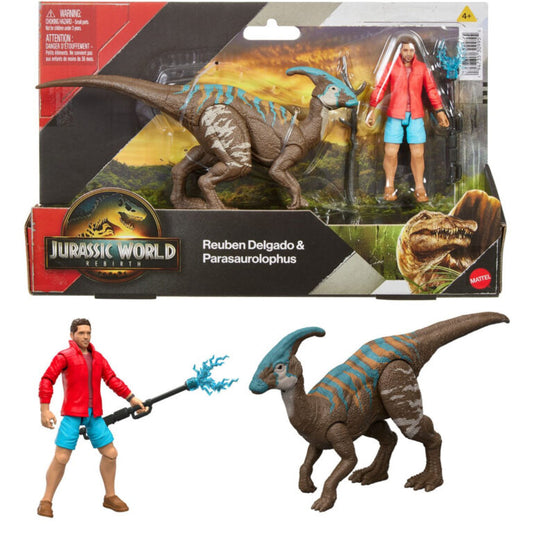 Jurassic World action figures of a man and a dinosaur in packaging