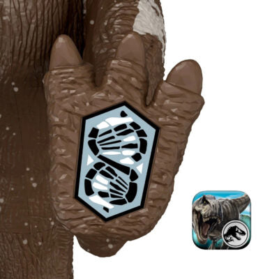 Dinosaur hand with DNA symbol and Jurassic Park logo on a white background