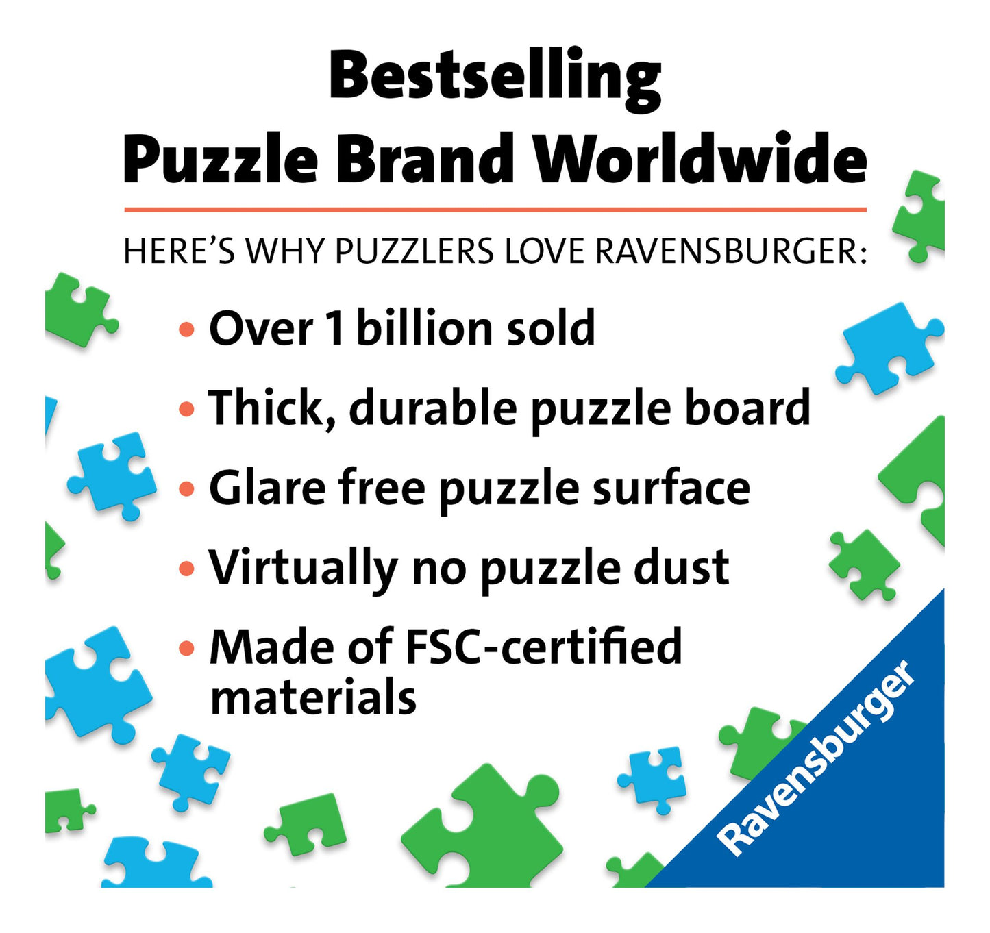 Promotional graphic for Ravensburger puzzle brand highlighting features and benefits.