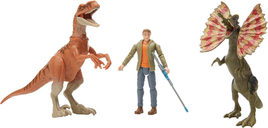 Two dinosaur figures and a toy figure with a sword on a white background