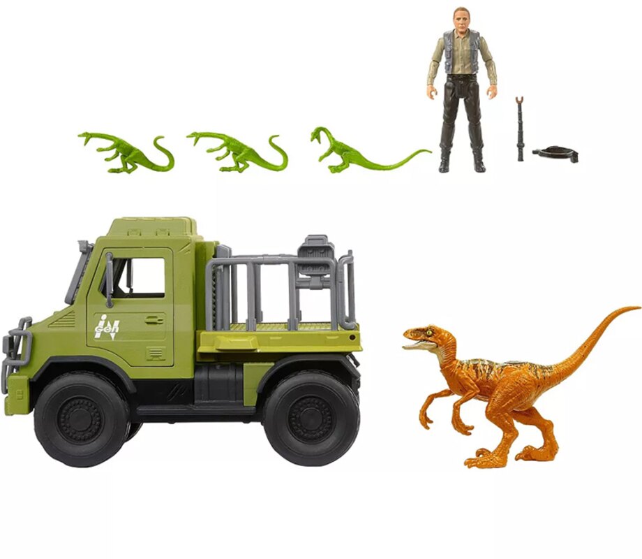 Toy truck with dinosaurs and figures on a white background