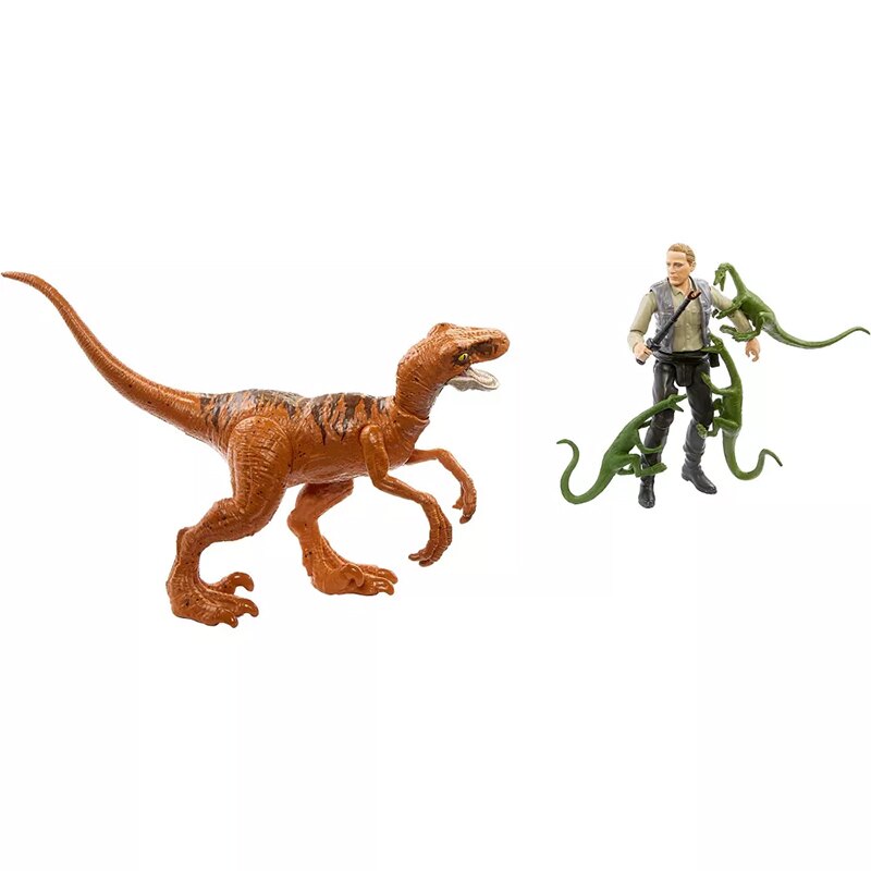 Toy dinosaur and figure on a white background