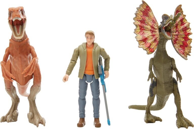 Three toy figures of dinosaurs and a person on a white background