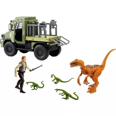 Toy truck with figures and dinosaurs on a white background