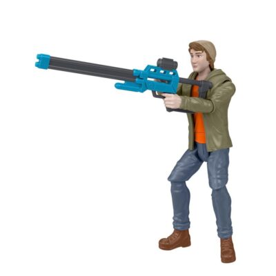 Action figure holding a blue and black weapon on a white background