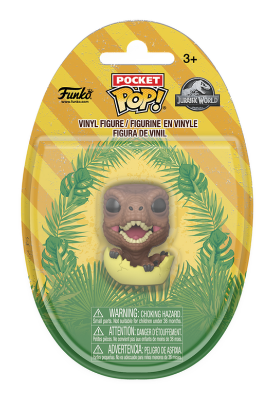 Funko Pocket Pop! vinyl figure packaging with a dinosaur design on a yellow and green background.