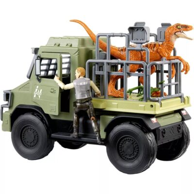 Toy truck with a dinosaur figure on a white background
