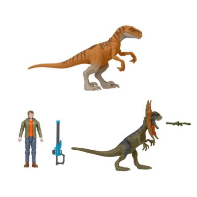 Three toy dinosaurs and a figure on a white background