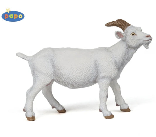 White goat figurine with brown horns on a white background, featuring the Papo brand.