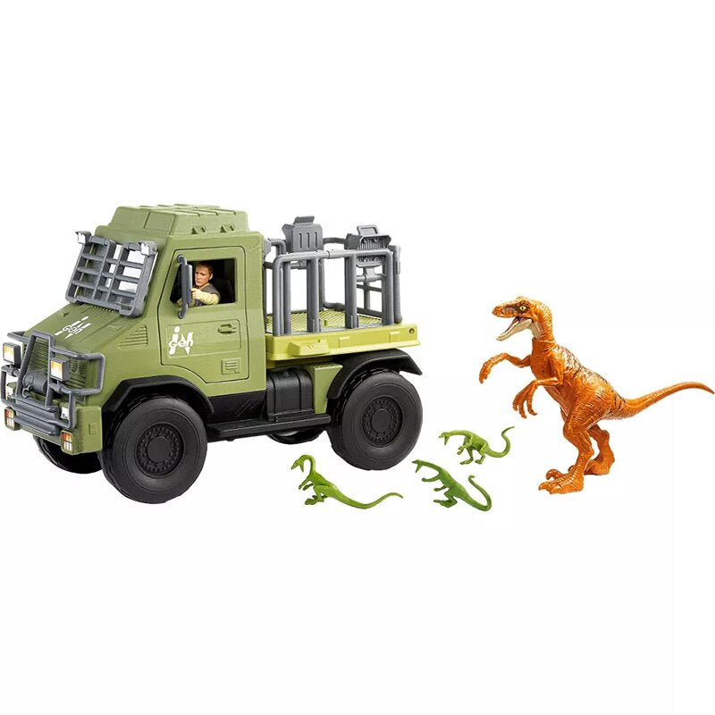 Toy truck with a character inside, accompanied by two toy dinosaurs on a white background