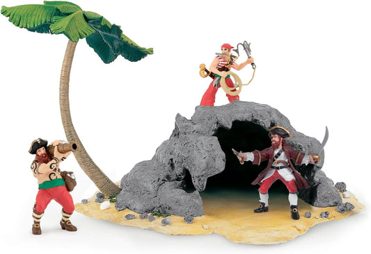 Pirate toy figures around a cave with a palm tree on a white background