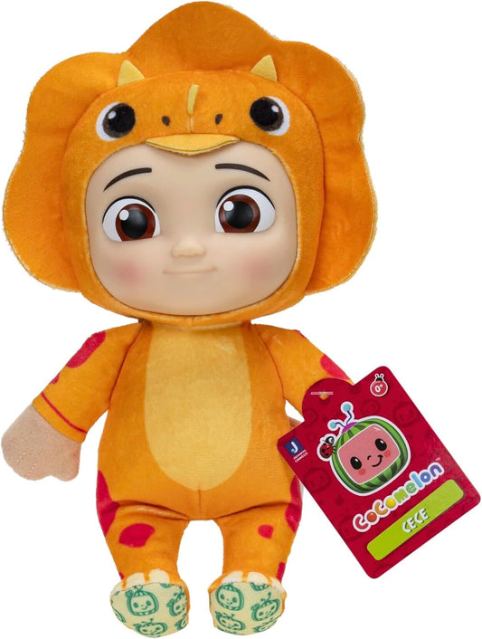 Plush toy in a lion costume with a visible tag on a white background