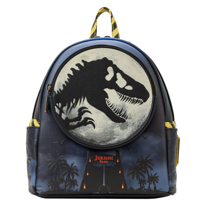 Backpack with dinosaur design and 'Jurassic Park' text on a white background