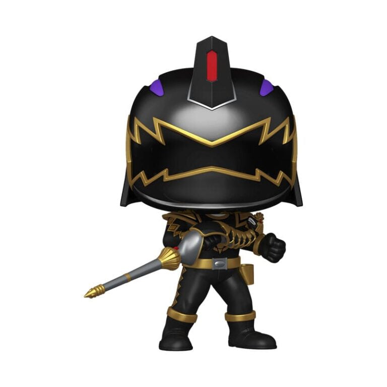 Figurine of a character in black and gold armor with a helmet on a white background