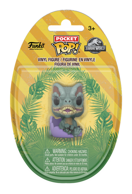 Funko Pocket Pop! vinyl figure packaging with a dinosaur design on a yellow and green background.