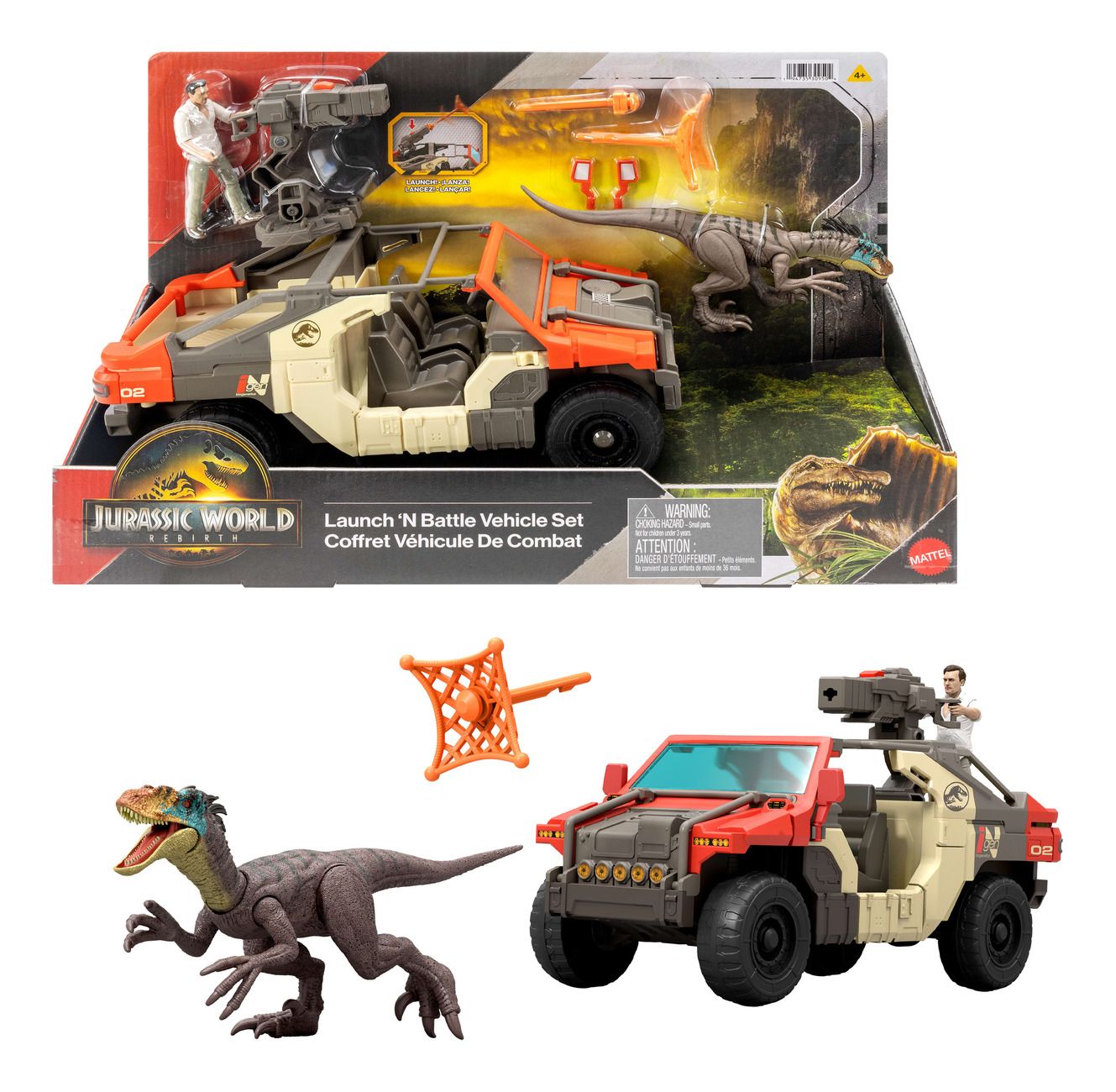 Jurassic World toy vehicle set with dinosaur figure and packaging