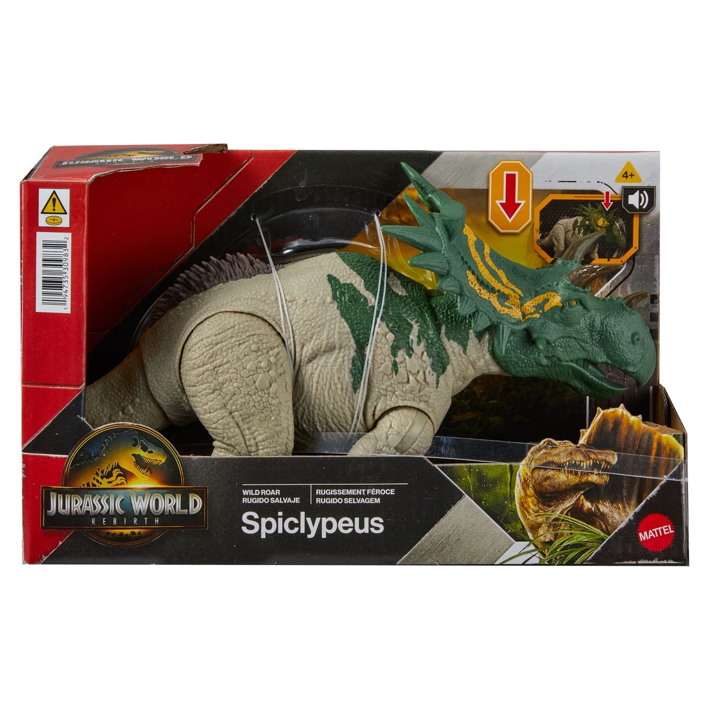 Jurassic World Spiclypeus toy figure packaging with red border and dinosaur illustration.