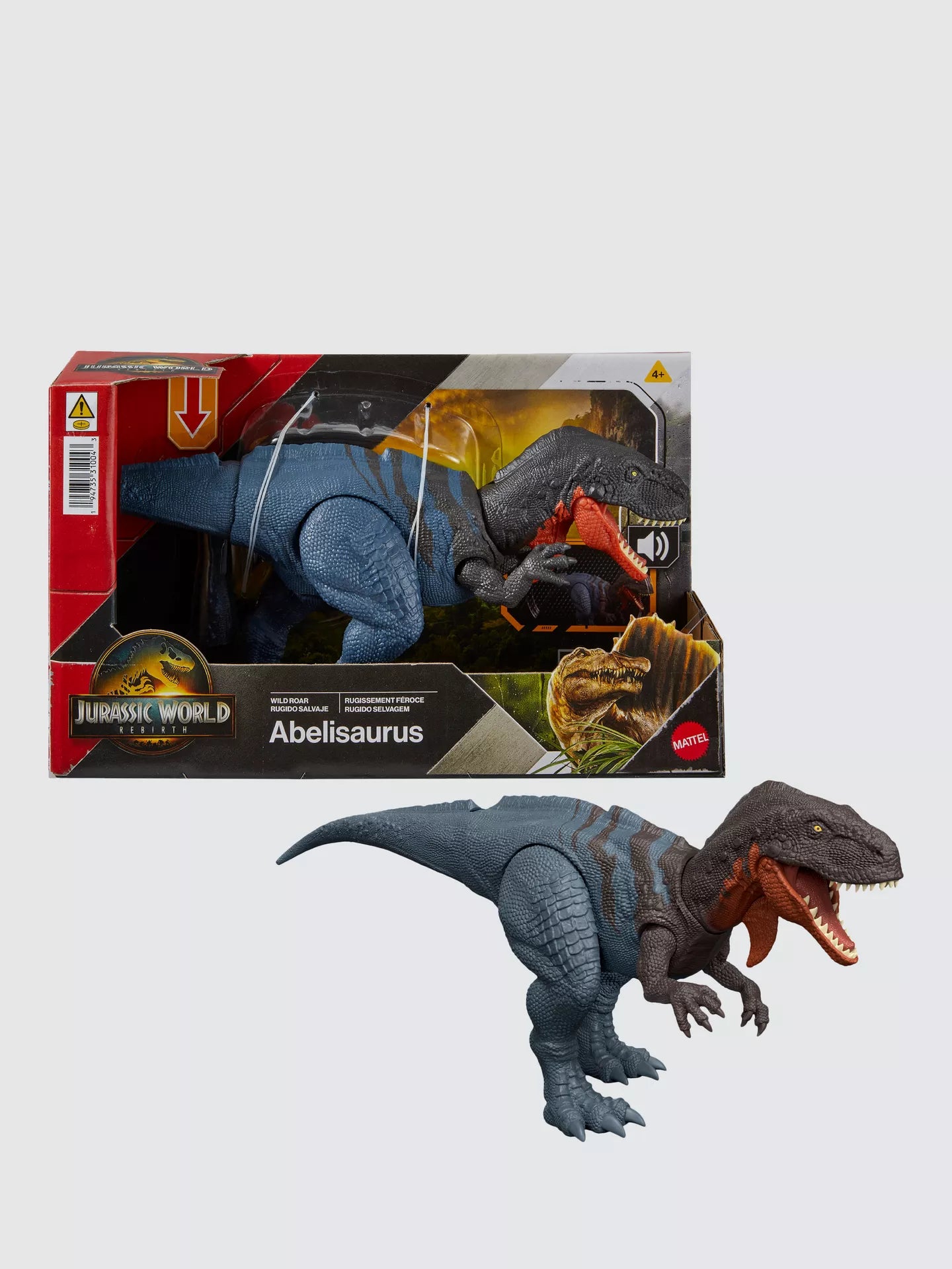Jurassic World Abelisaurus toy figure with packaging on a white background
