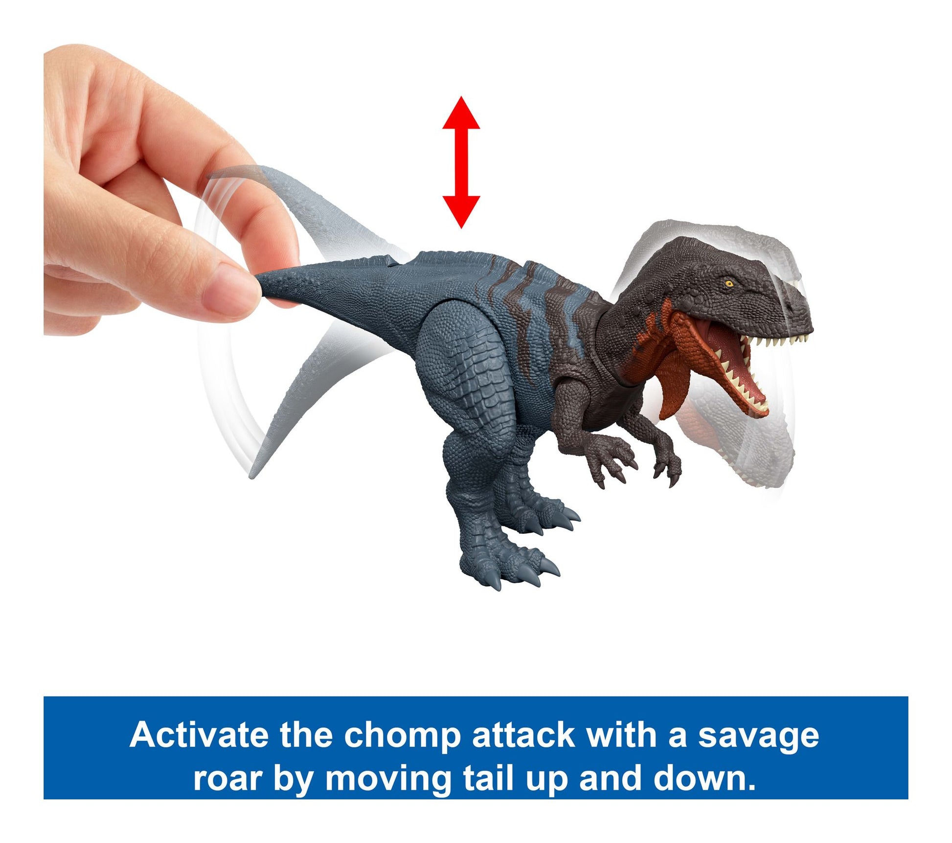 Toy dinosaur figure with a hand activating it, on a white background