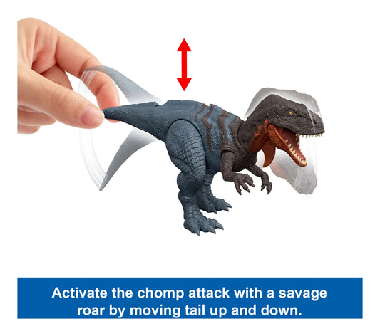 Toy dinosaur figure with a hand activating it, on a white background
