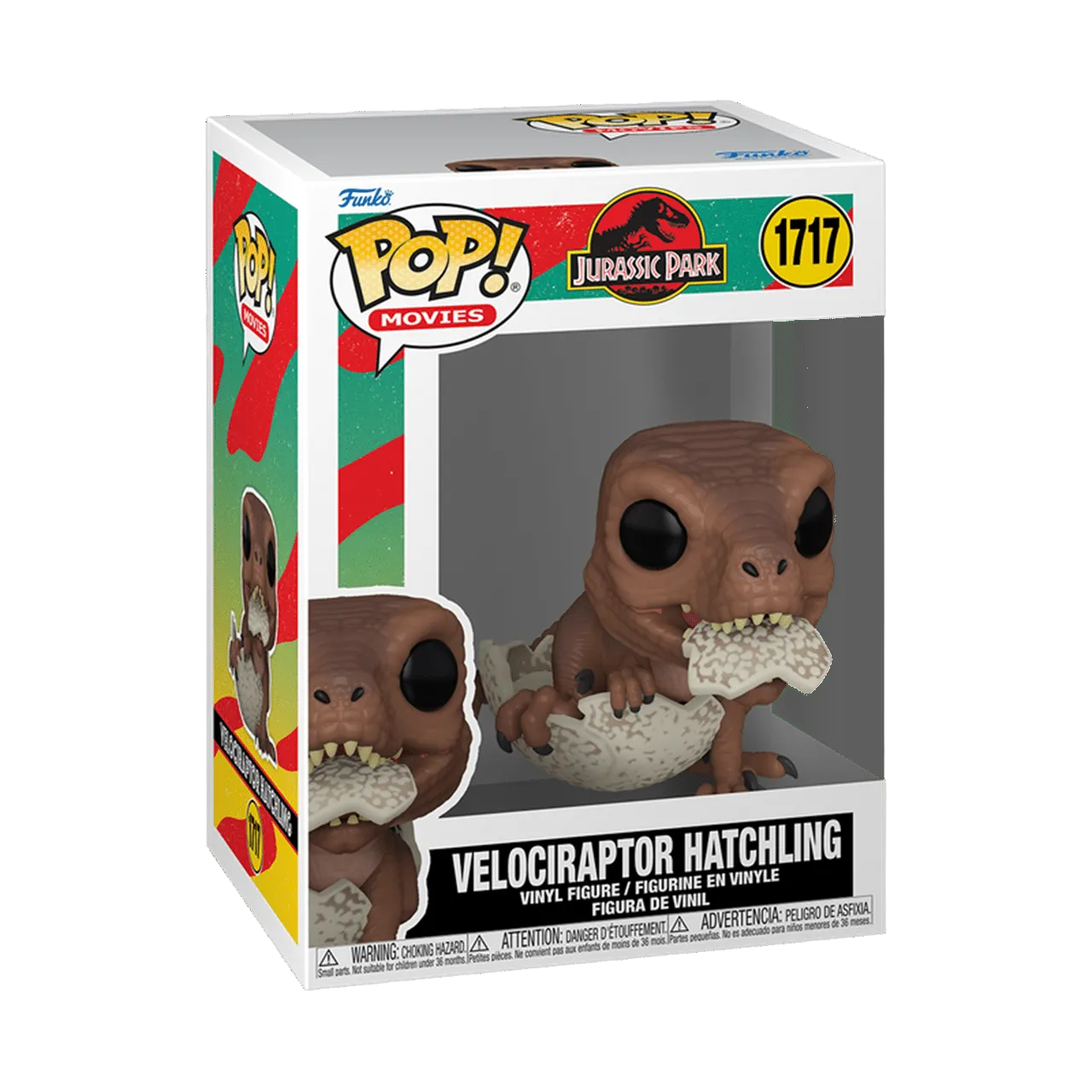 Funko Pop! Velociraptor Hatchling figure packaging with Jurassic Park branding.