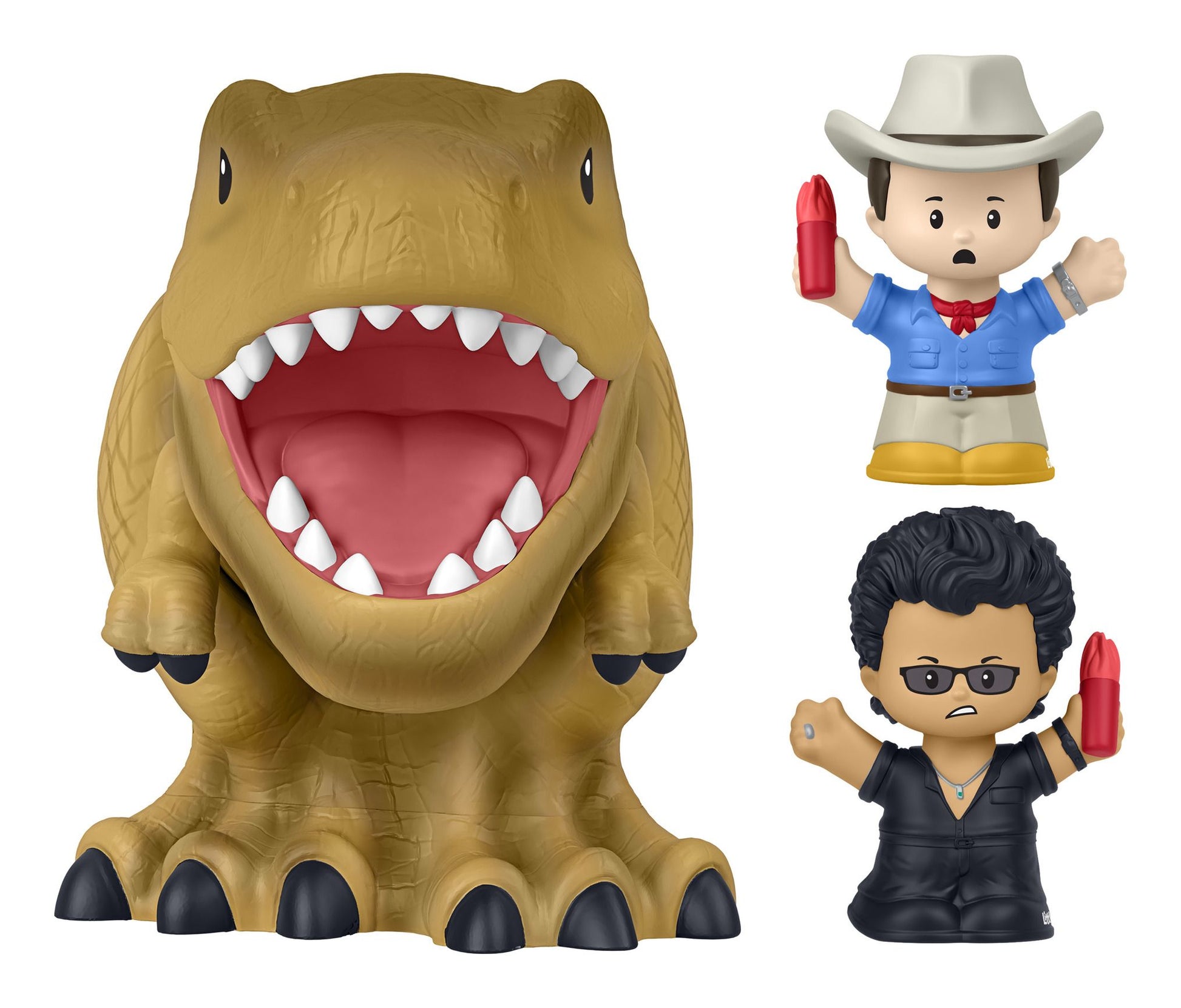 Toy figure of a dinosaur and two human figures on a white background