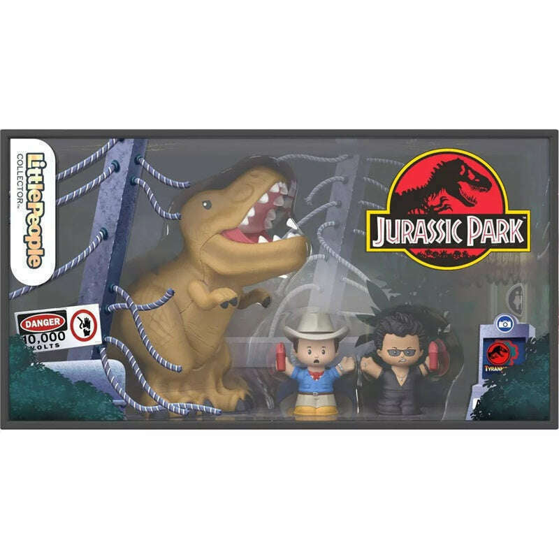 Jurassic Park toy set with T-Rex figure and two human figures in a packaging box.