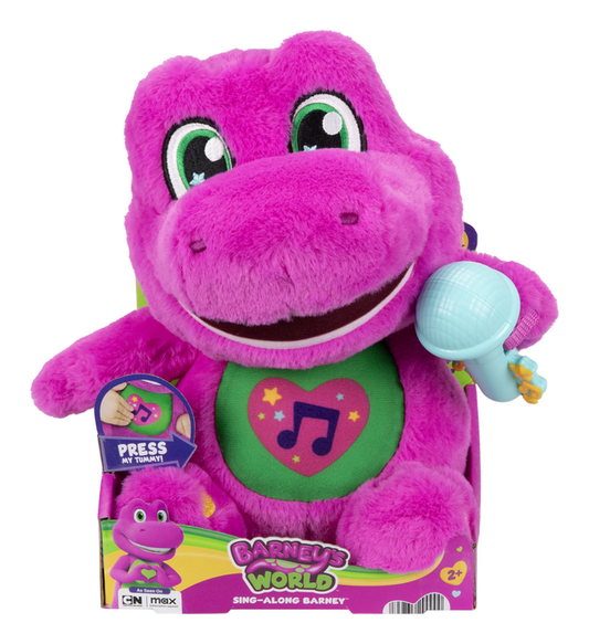 purple dinosaur plush toy with microphone and 'Barney's World' branding on a white background