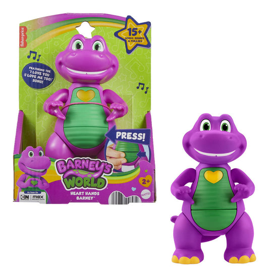 Purple dinosaur toy with green belly and yellow feet, next to its packaging.