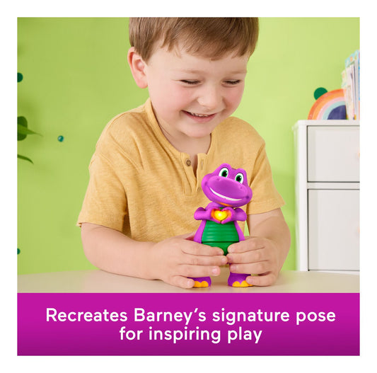 Child holding a purple toy figure with text about recreating Barney's signature pose.